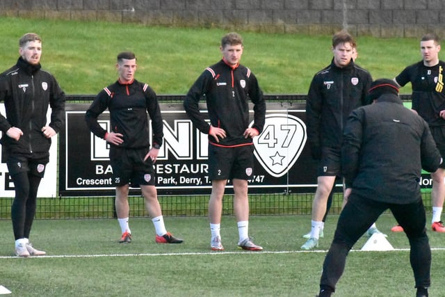 Strength and conditioning coach Kevin McCreadie takes the Derry players through a few drills at training today.