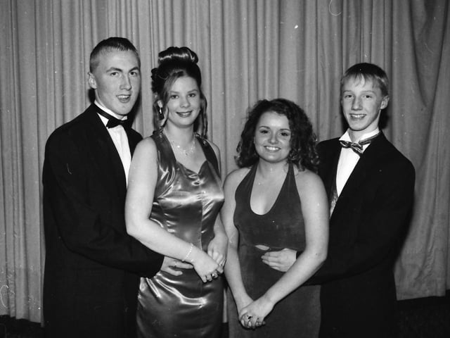 From left, Paul Bratton, Amanda-Jane McCallion, Head Girl, Andrea McCausland and Alan Wright, Head Boy, at the Faughan Valley High School annual formal.