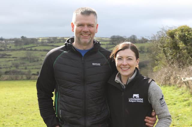 Rachel and Mervyn Garrett from Ballycarry. They farm Dexter cattle and sheep. Rachael is also crew commander at Belfast International Airport Fire and Rescue Service.