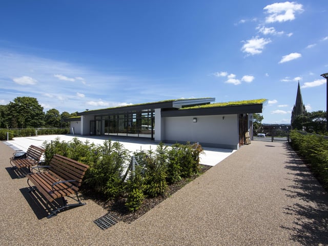 Gwyn’s Pavilion at Brooke Park has outdoor seating with water bowls provided.