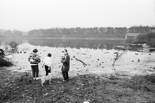 Children playing on the banks of an icy Glenowen reservoir.