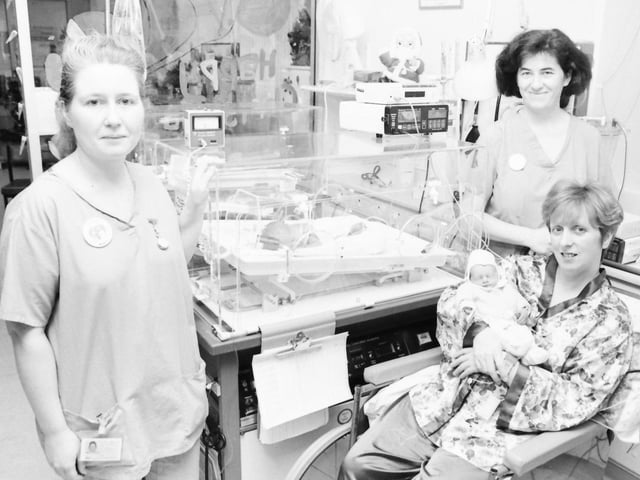 Sonia McClintock, from Glenagoorland, Donemana, with her twin sons William (3lb. 13oz.) and Gary (3lb. 14oz.) born at 3.45am and 3.46am on New Year’s Day 1997. Included are Staff Midwives Celia Boyce and Patricia O’Kane.