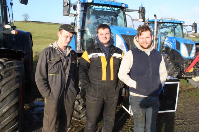 From left: Joe Bradford, Andrew Harvey and Roy Mullan wait to start the tractor run at Rathfriland last Saturday