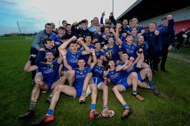 Steelstown players celebrate their Ulster GAA Football Intermediate Club Championship Final win over Moortown.