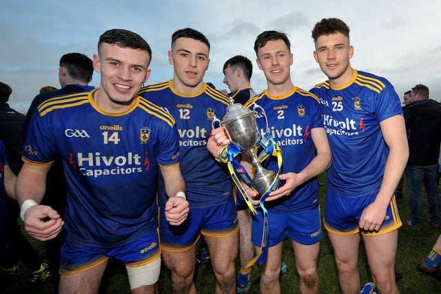 Steelstown’s players Morgan Murray, Ben McCarron, Oran Fox and Cormac Mooney celebrate with the cup.