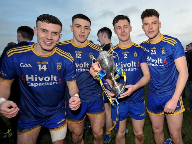 Steelstown’s players Morgan Murray, Ben McCarron, Oran Fox and Cormac Mooney celebrate with the cup.