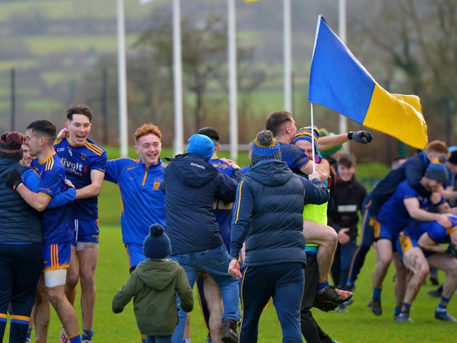 Steelstown players celebrate their Ulster GAA Football Intermediate Club Championship Final win over Moortown
