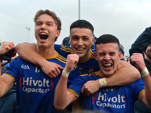 Steelstown’s Donnacha Gilmore, Ben McCarron and Morgan Murray show their delight.