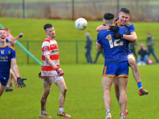 Steelstown players celebrate their Ulster GAA Football Intermediate Club Championship Final win over Moortown