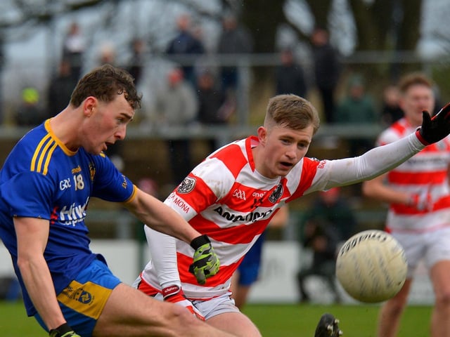 Steelstown’s Cahir McMonagle scores a first half point against Moortown