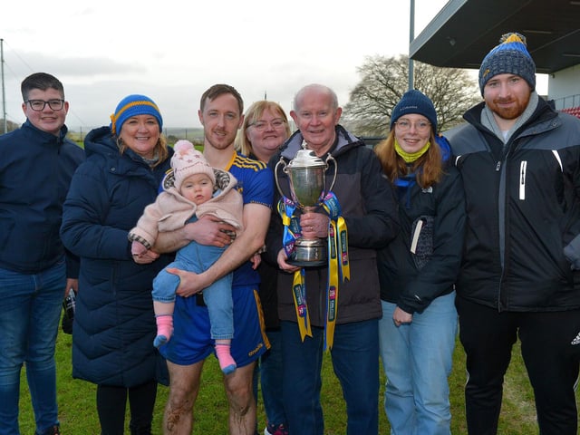 Steelstown’s captain Neil Forester pictured with family members after the Ulster GAA Football Intermediate Club Championship victory over Moortown