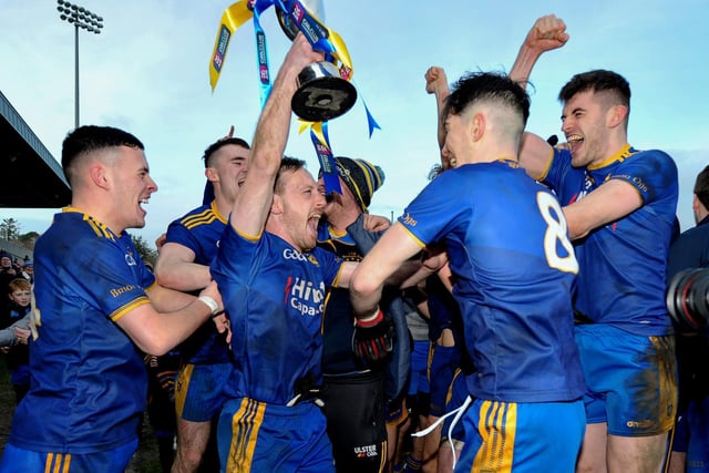Steelstown players celebrate their Ulster GAA Football Intermediate Club Championship Final win over Moortown