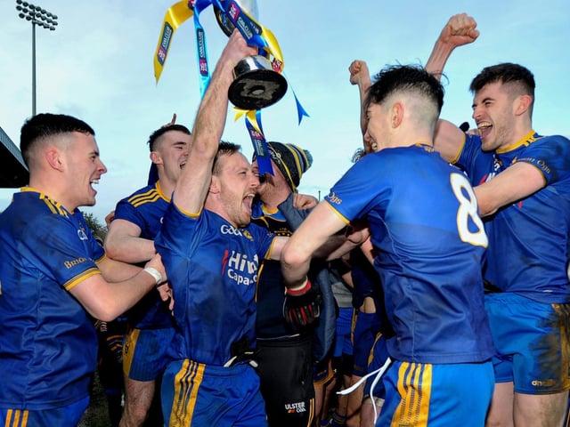 Steelstown players celebrate their Ulster GAA Football Intermediate Club Championship Final win over Moortown