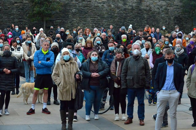 A section of the attendance at the vigil for Ashling Murphy held at the Guildhall Steps on Friday afternoon. Photo: George Sweeney.  DER2202GS – 096