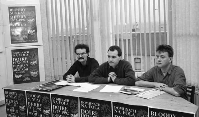 1992... Bloody Sunday Initiative members hold a press conference.
