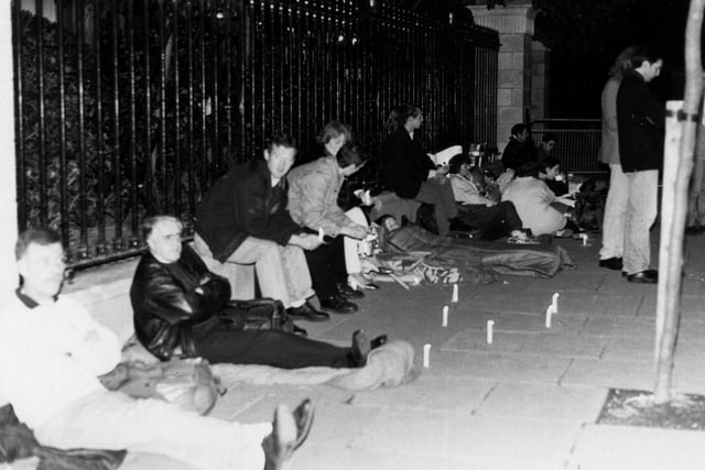 The Bloody Sunday Justice Campaign holding a candlelit protest outside the Mansion House in Dublin in 1996. The protest was against a visit by Prince Charles, Colonel-in-Chief of the Parachute Regiment.