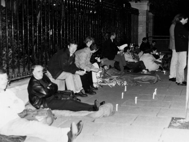 The Bloody Sunday Justice Campaign holding a candlelit protest outside the Mansion House in Dublin in 1996. The protest was against a visit by Prince Charles, Colonel-in-Chief of the Parachute Regiment.
