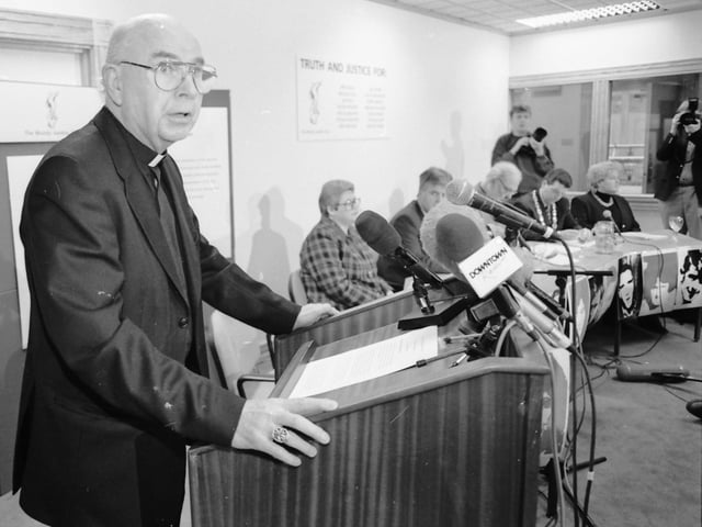 Bishop Edward Daly speaks at the launch of the Bloody Sunday Trust in January 1997.