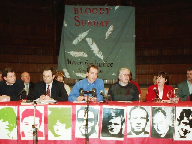 The Bloody Sunday families hold a press conference in the Guildhall in January 1998 following the announcement of the second judicial inquiry into Bloody Sunday, commonly referred to as the Saville Inquiry.