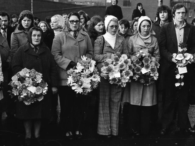 Members of the Young, Wray, Kelly, Donaghey, Gilmour and McKinney families at the 1975 memorial service