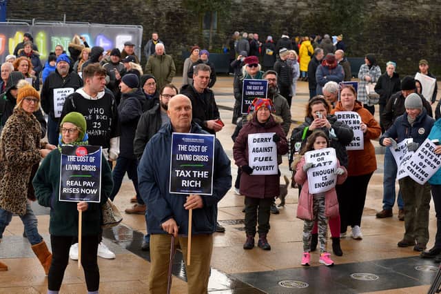 Some of the attendance at the Derry Against Fuel Poverty rally in Guildhall Square on Saturday afternoon last. Photo: George Sweeney. DER2206GS – 136