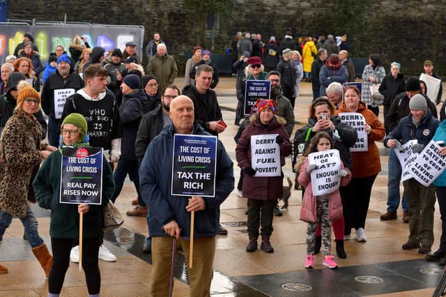 Some of the attendance at the Derry Against Fuel Poverty rally in Guildhall Square on Saturday afternoon last. Photo: George Sweeney.  DER2206GS – 136