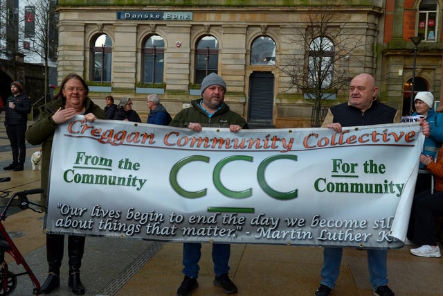 Representatives from the Creggan Community Collective at the Derry Against Fuel Poverty rally in Guildhall Square on Saturday afternoon last. Photo: George Sweeney.  DER2206GS – 142