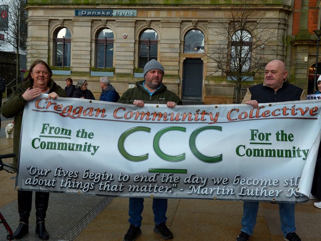 Representatives from the Creggan Community Collective at the Derry Against Fuel Poverty rally in Guildhall Square on Saturday afternoon last. Photo: George Sweeney. DER2206GS – 142