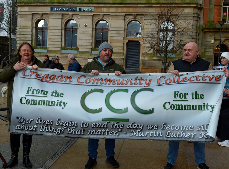 Representatives from the Creggan Community Collective at the Derry Against Fuel Poverty rally in Guildhall Square on Saturday afternoon last. Photo: George Sweeney.  DER2206GS – 142