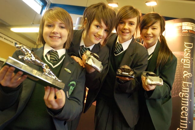 Students from St Cecilia's College who are the 2006 UK winners of the Jaguar Sports Car Challenge. Included, from left, Jayne McLaughlin, Christine McDaid, Eimear Moran, and Eimear Gillen. (1601PG21)