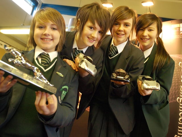 Students from St Cecilia's College who are the 2006 UK winners of the Jaguar Sports Car Challenge. Included, from left, Jayne McLaughlin, Christine McDaid, Eimear Moran, and Eimear Gillen. (1601PG21)