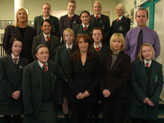 Pupils from St Cecilia's College who have been selected to visit John Moore's University in Liverpool to see the facilities and courses on offer. Included, from left, are Karen Divin, Fiona Dunlop, Jackie Banley, head of careers, and Joe Lafferty, head of sixth form. (0812PG40)