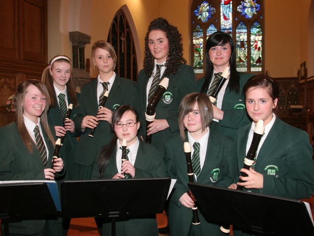 St.Cecilia's College Recorder Ensemble, who played at the College's Spring Recital held in Christ Church, Derry. From left (front row) are Caitlin Mullan, Niamh Cehoe, Michaela Duffy and Amy Wilson. Back row, Diane Doran, Grannie Keogh, Ciara Home and Seanin McCarron. (2405T09).