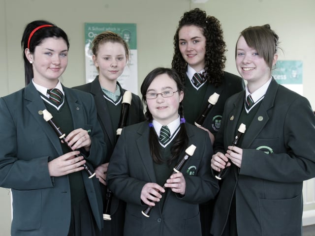 St. cecilia's College pupils, from left, Seanin McCarron, Grainne Keogh, Niamh Kehoe, Ciara Hone, and Caitlin Mullan, winners of the Instrumental Ensemble 13-16 years at Feis Dhoire Cholmcille. Absent from photograph is Diane Doran. (2805C49)