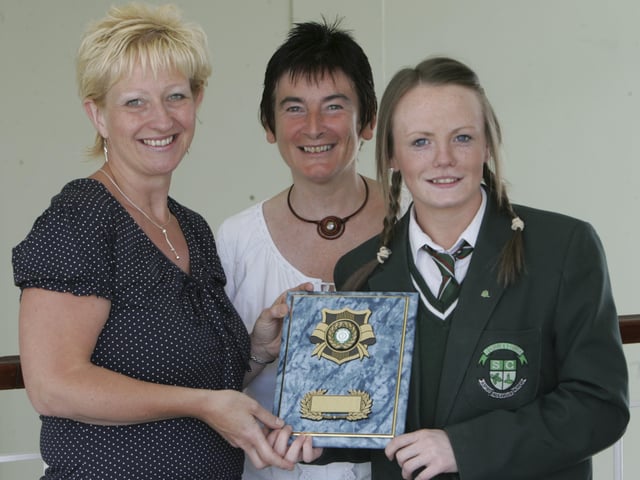 Marilyn Ward, left, presenting the Protocol Award for good practice in the workplace to St. Cecilia's College Year 12 student Stephanie McCaughey. Included is Anita Kelly-McLaughlin, Year Head. (1606C20)