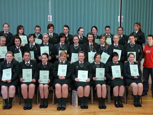 Year 11 pupils from St. Cecilia's College who received certificates on completion of the Outdoor Pursuits Programme co-ordinated by Divert. Included is Gerry Hamilton, Divert. (3006C01)