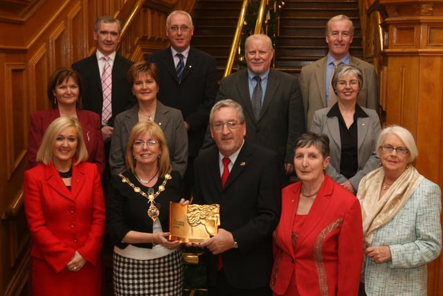 The Mayor of Derry Councillor Helen Quigley, who hosted a reception  in The Guildhall for Pat Hume, chairman of the Board of Governors at St.Cecilia's College, in recognition of his 'Governor of the Year' accolade at the recent UK DFES Teaching Awards held in London.  Included (front row (from left) are Kathleen Gormley, college principal, his wife Bridget Hume and members of the College Board of Governors Bernie McIvor. Back row, Anne McAlister, Niall McAteer, Maureen McGhee, Pat Armstrong, Gerry MacLochlainn, Martin White and Tina McPhillips. (2911T07).