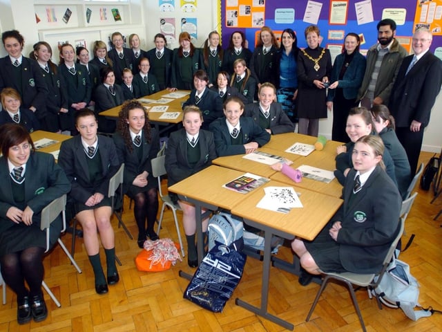 The Mayor of Derry Councillor Lynn Fleming, pictured with pupils from St Cecilia's College, who have taken part in a Peace and Reconciliation group project at the school. Included, are Michael Doherty, Peace and Reconciliation, Khurra Parvez, Kashmir, India, Sylvia Mansano, and Tracey Devlin, teacher. (0403A01)