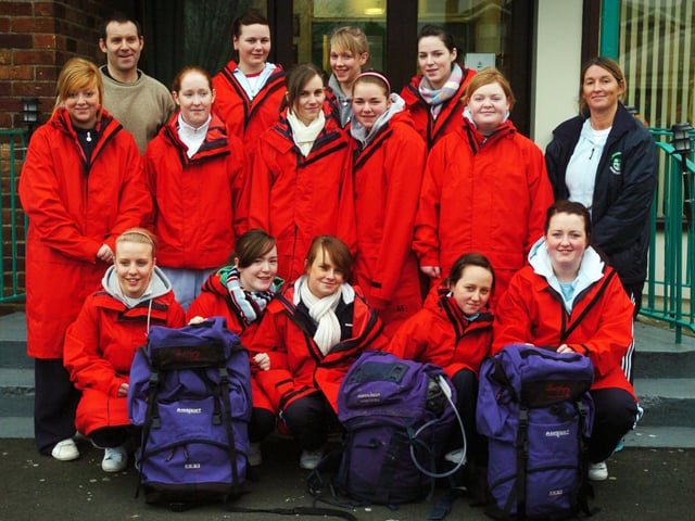Pupils from St Cecilia's Who have been participating in outdoor activities whihc included, Hill walking, Canoeing, Rock climbing and orienteering in a project facilitated by Divert. Included, are Gerry Hamilton, Divert Project and Joanne Nicholl, PE teacher. (2701A03)