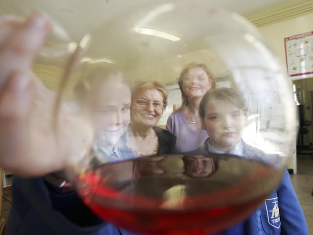 St. Mary's College pupils Jessica Kirk and Rosemary Stokes with Miss Geraldine Keegan, principal, and Mrs. Martine Mulhern, Head of Science in the College science department. The school celebrated this week with St. Cecilia's and Lumen Christi, who have all been awarded specilaist status. See story page 9. (1703C01)