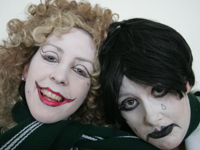Debora Kelly and Laura Deery from St. Cecilia's College celebrating the colleges announcement of being give specialist school status. (1703JB62)