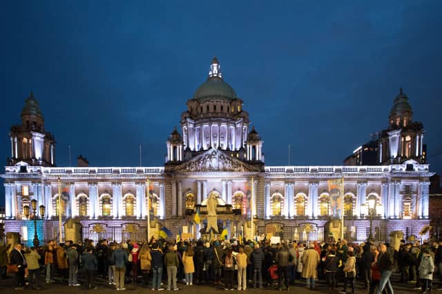 Pacemaker Press Intl: 250222
A special vigil calling for peace and solidarity with the people of Ukraine takes place at Belfast City Hall on Friday evening. Hundreds gathered to protest against the Russian military invasion of Ukraine. Photo: Kirth Ferris/Pacemaker Press