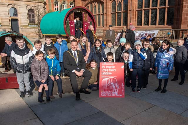 The Traveller Living History Exhibition which was visited by Derry City and Strabane District Council Mayor, Alderman Graham Warke, and pupils from Longtower Primary School. During their visit, they heard Nell Donagh explain the history of Travellers and how they lived and were provided with a demonstration of crafting by tinsmith, Tom McDonald. Photos: Martin McKeown.