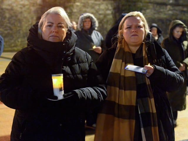 People gather in Guildhall Square on Wednesday evening last for prayers and a candle-lit vigil in solidarity with the people of Ukraine. Photo: George Sweeney. DER2209GS – 029