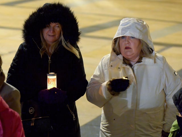 People gather in Guildhall Square on Wednesday evening last for prayers and a candle-lit vigil in solidarity with the people of Ukraine.  Photo: George Sweeney.  DER2209GS – 027