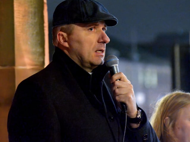 Fr Ignacy Saniuya led prayers at the candle-lit vigil in solidarity with the people of Ukraine in Guildhall Square on Wednesday evening last.  Photo: George Sweeney.  DER2209GS – 026