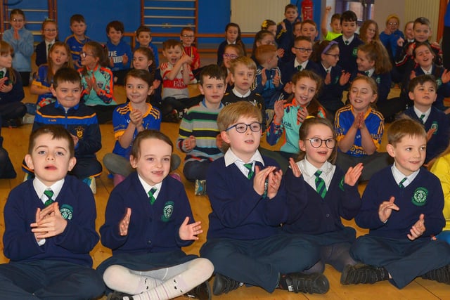Pupils from St Patrick’s PS Pennyburn pictured during the visit of Steelstown Brian Og’s to the school on Friday morning last. Photo: George Sweeney.  DER2208GS – 089