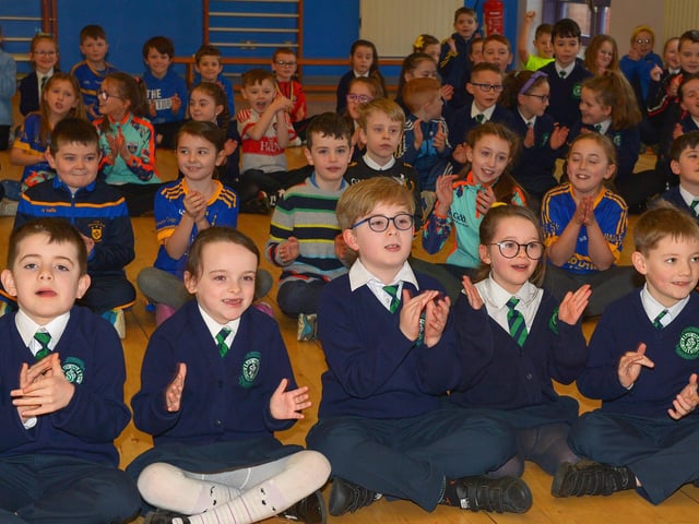 Pupils from St Patrick’s PS Pennyburn pictured during the visit of Steelstown Brian Og’s to the school on Friday morning last. Photo: George Sweeney. DER2208GS – 089