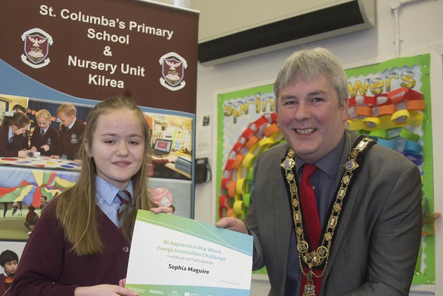 The Mayor of Causeway Coast and Glens Borough Council Councillor Richard Holmes pictured with Sophia Maguire who was the overall winner of the Energy Innovation Challenge