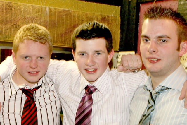 Steven McCaughan, Hugh Herbertson and Gavin Watson pictured at the Co Londonderry YFC dinner at Hanover House, Coagh, Co Tyrone. Image: Kevin McAuley